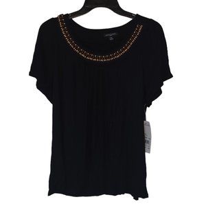 Notations Black Top With Beaded Neck Line NWT